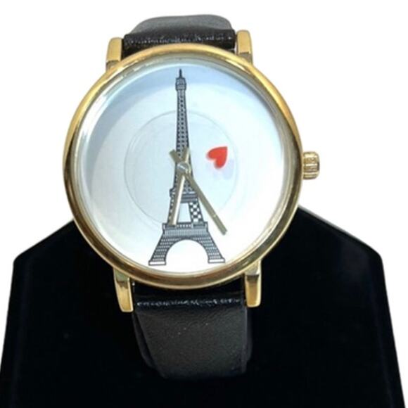 Paris Eiffel Tower Black Buckle Strap Rotating Heart Second Hand Gold Tone Heart - Picture 1 of 8